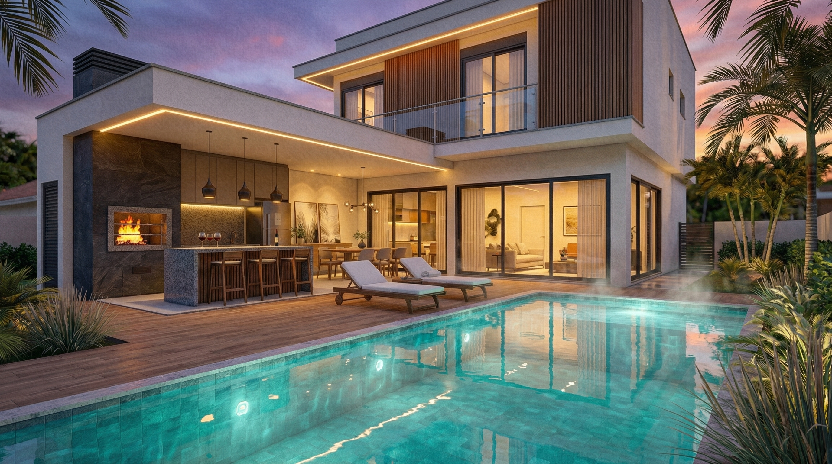 Renderização 3D - Piscina e Área Gourmet